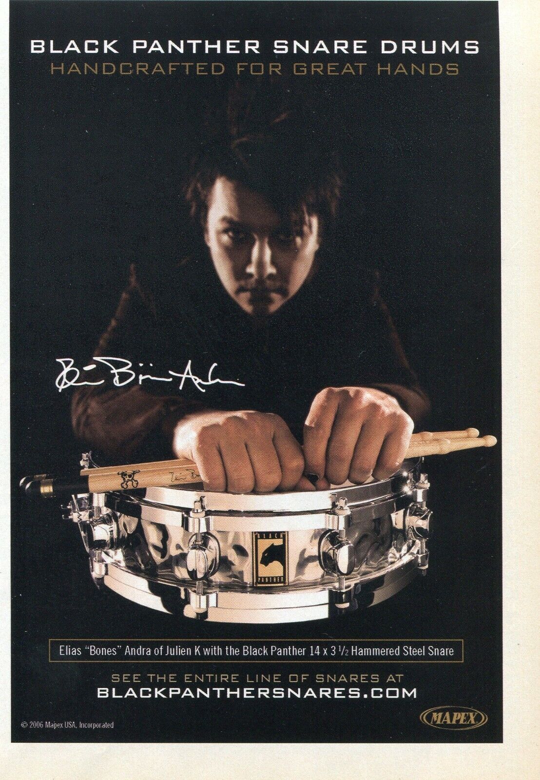 2006 small Print Ad of Mapex Black Panther Steel Snare Drum w Elias Bones Andra