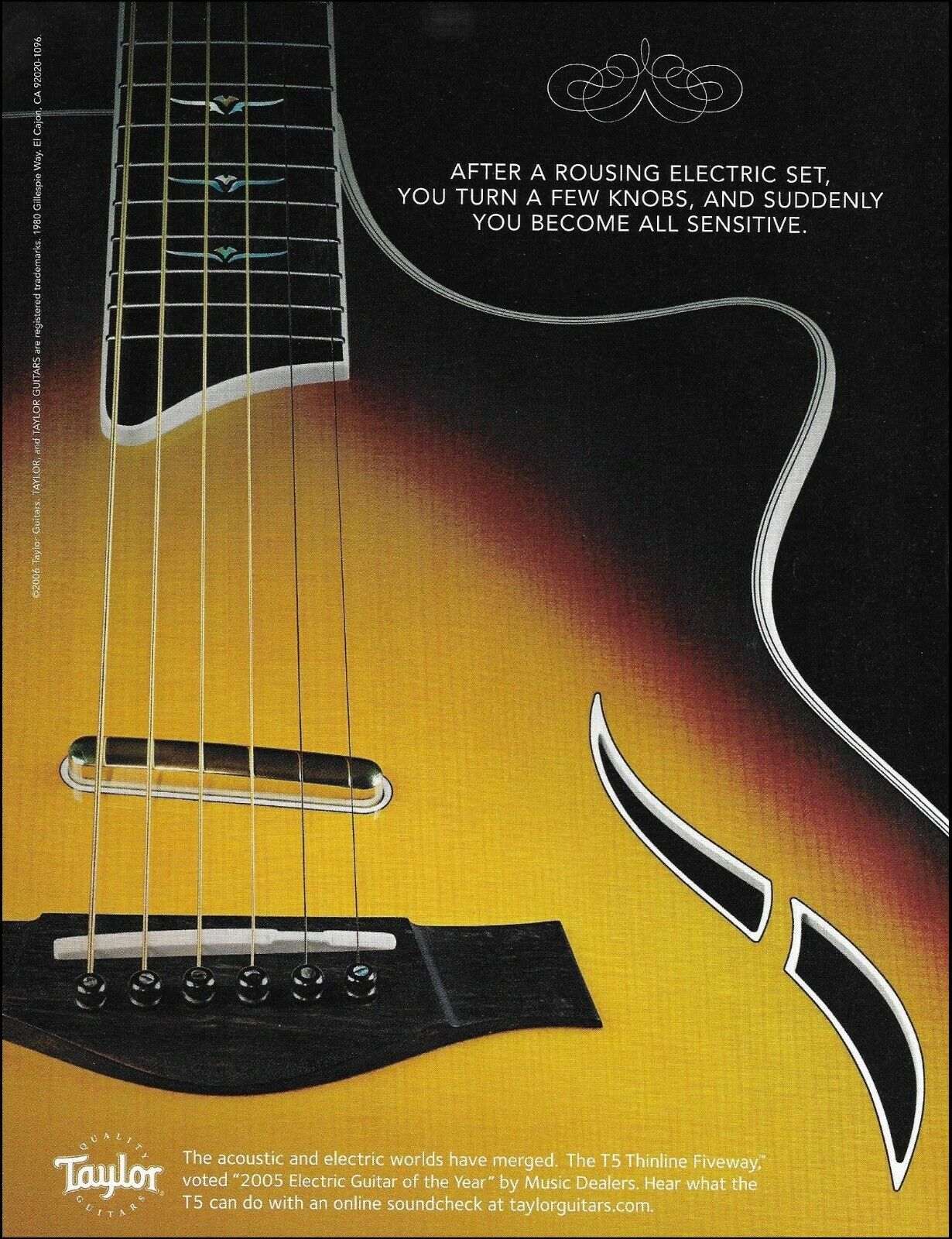 Taylor T5 Thinline Fiveway acoustic/electric sunburst guitar advertisement print