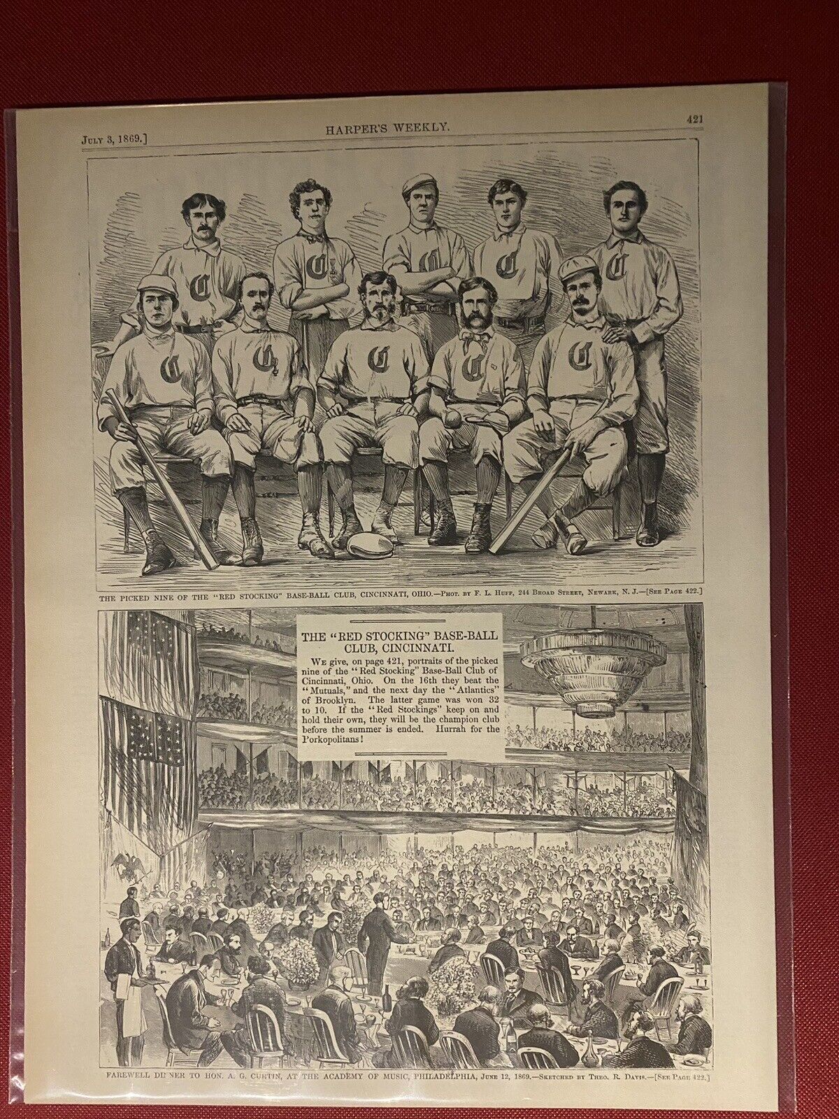 VINTAGE NEWSPAPER HEADLINE CINCINNATI RED STOCKINGS TEAM PHOTO 1869 BASEBALL