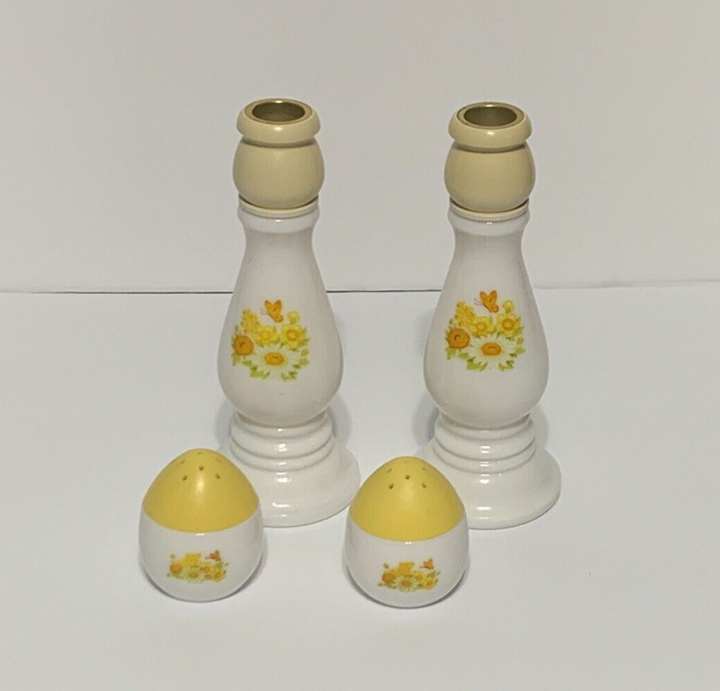 Avon Milk Glass Buttercup Candlesticks and Salt & Pepper Shakers Vintage 1970\'s
