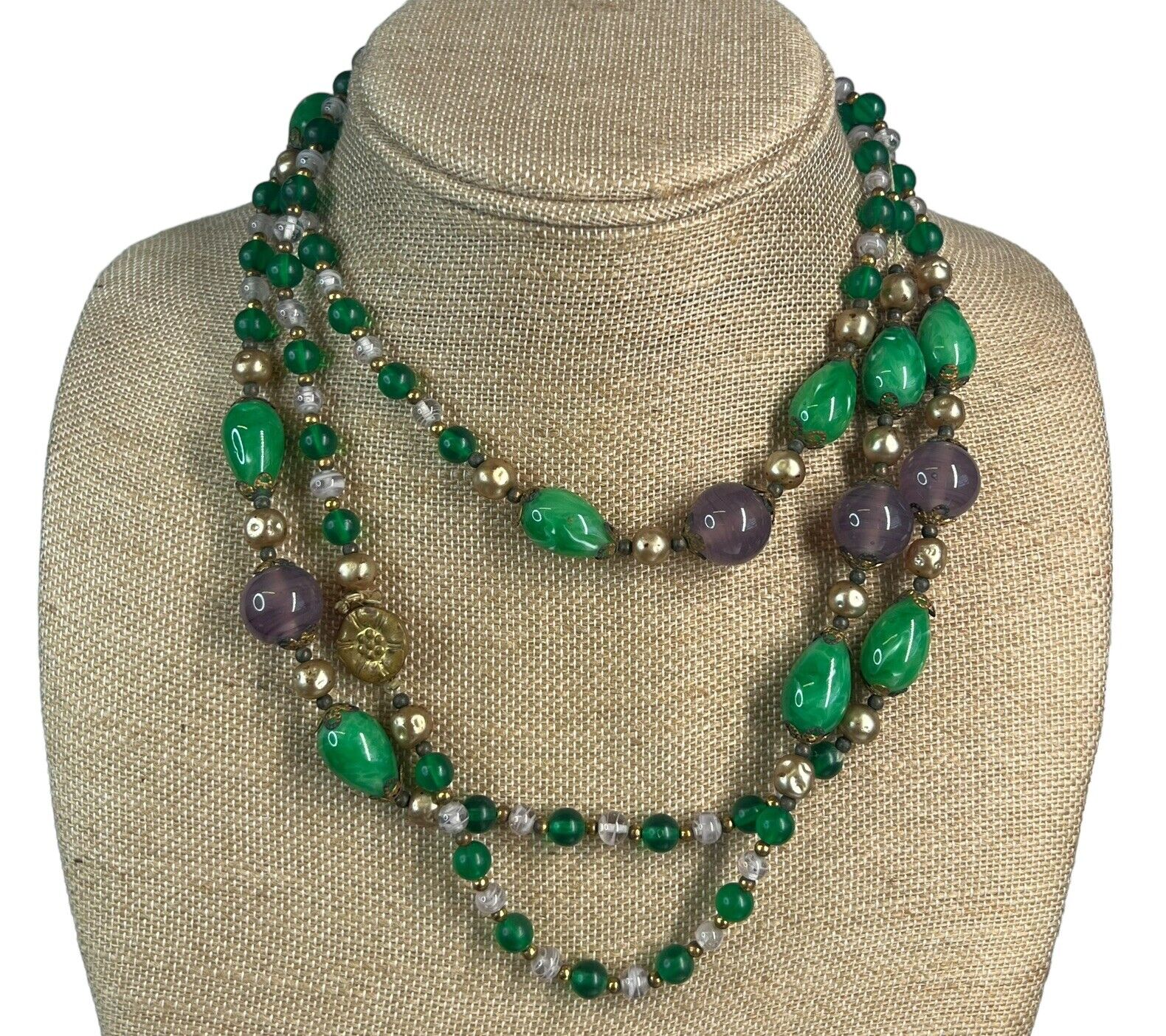 Unique wonderful old antique mixed colored glass unique beads  60” Green Purple