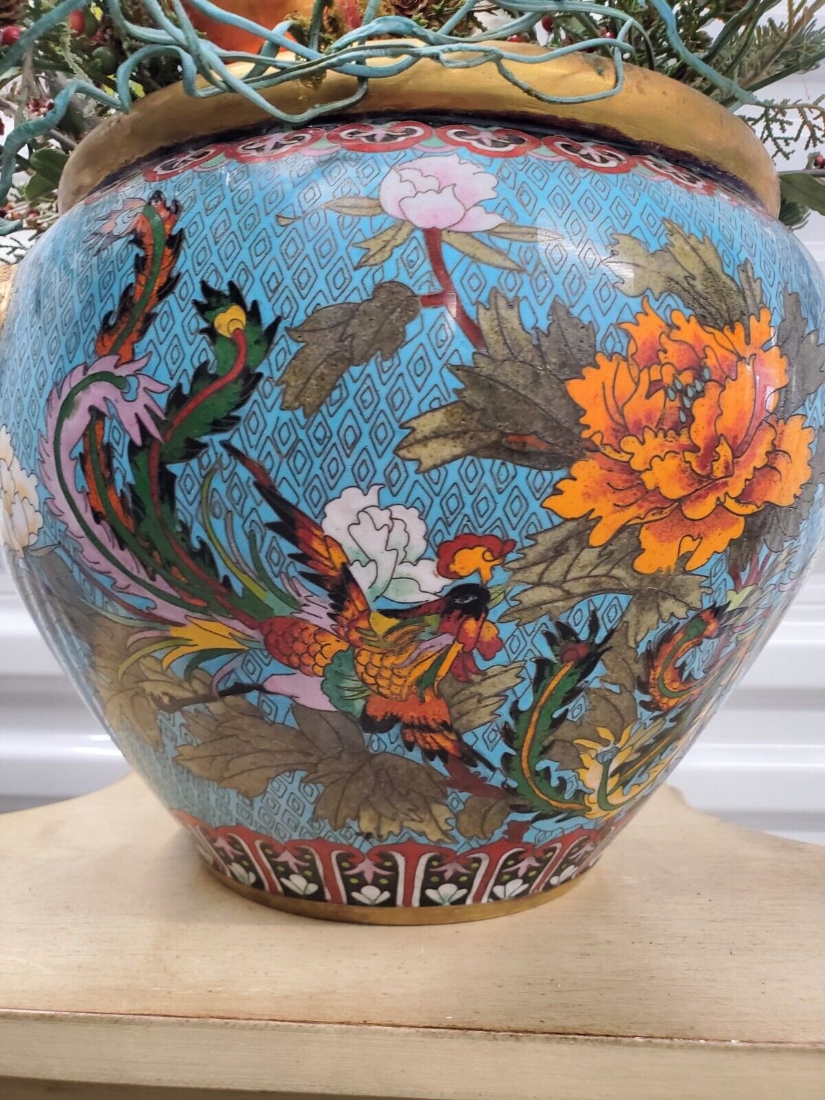 Rare Big Phoenix Bird Foo Dog Cloisonne Jardiniere Vase Planter Cache Pot Flower