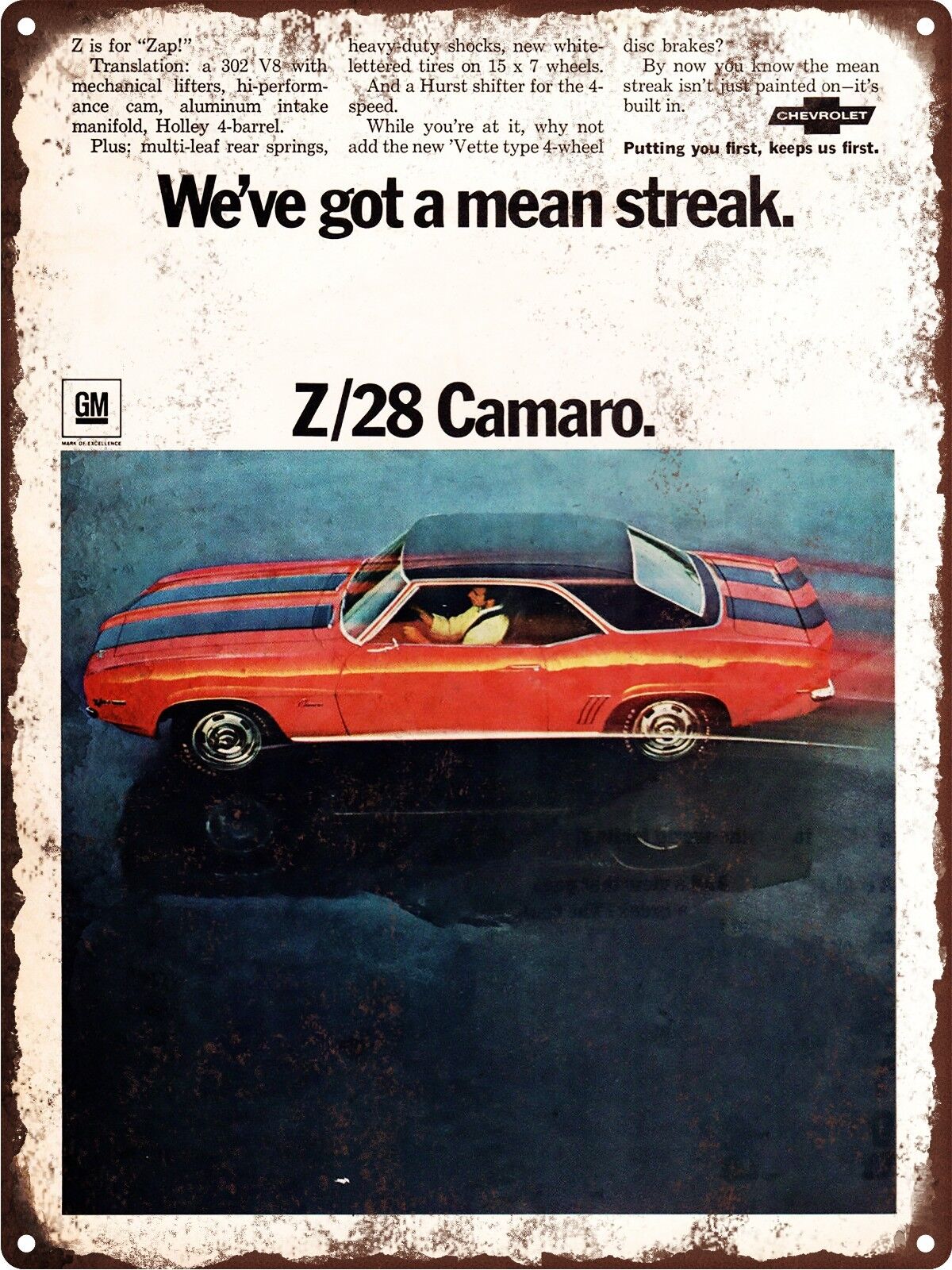 1969 Chevy Chevrolet Camaro Z28 Man Cave Garage Metal Sign Repro 9x12\