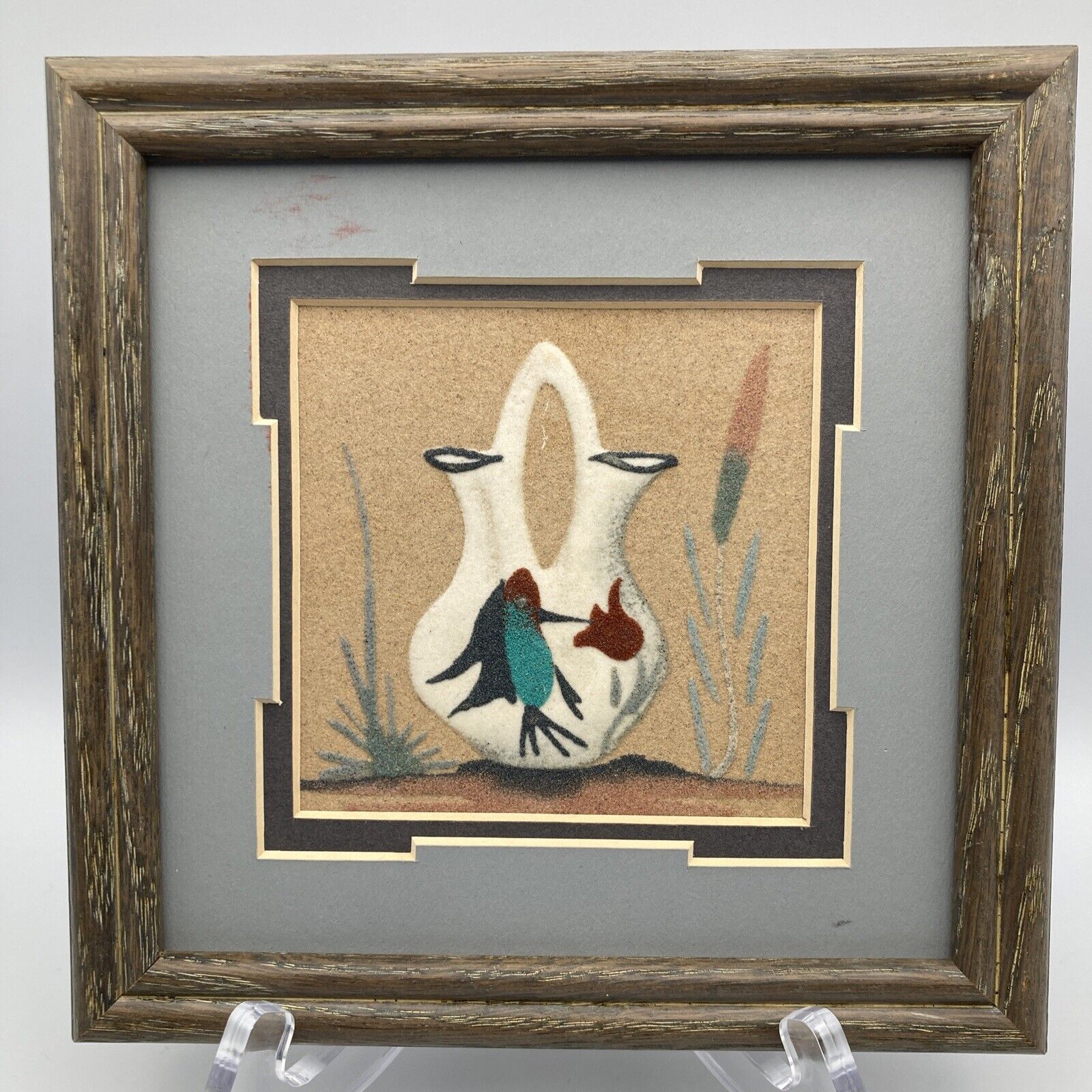 Navajo Healing Sand Art Wedding Vase Signed A. Johnson Framed 7”x 7”