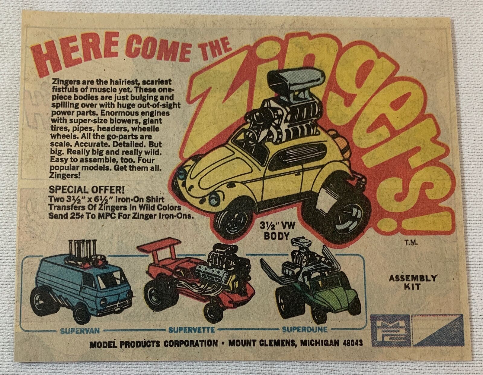 1970 MPC ZINGERS cartoon ad ~ VW Body, Supervan, Supervette, Superdune