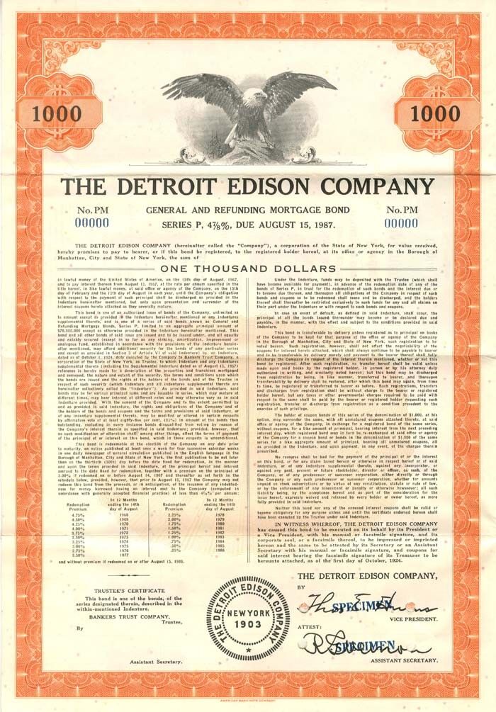 Detroit Edison company $1000 Bond - Specimen Stocks & Bonds