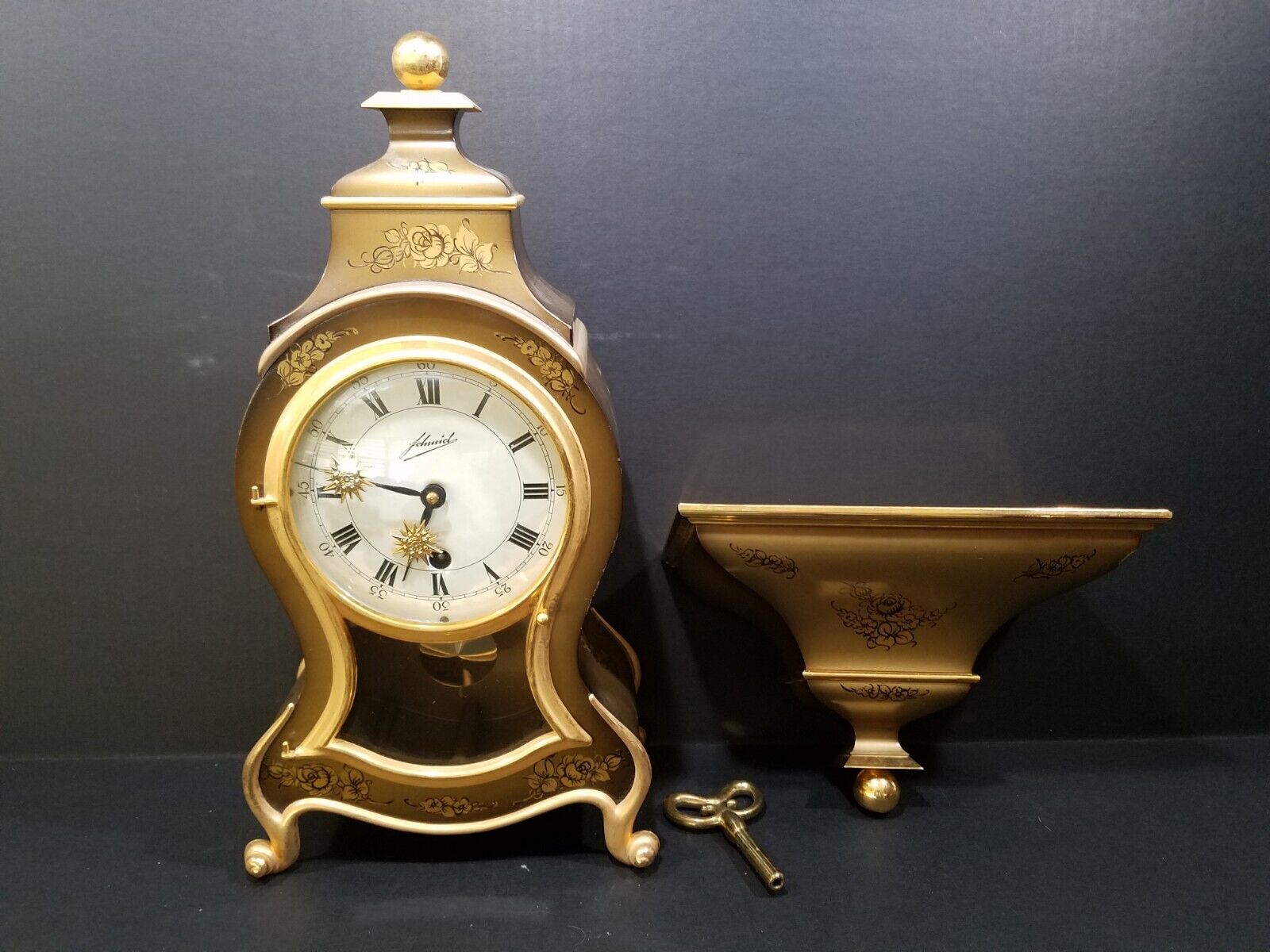 Vintage Schmid Fabrik SSS Marke Hand Painted Mantle Clock with Shelf & Key