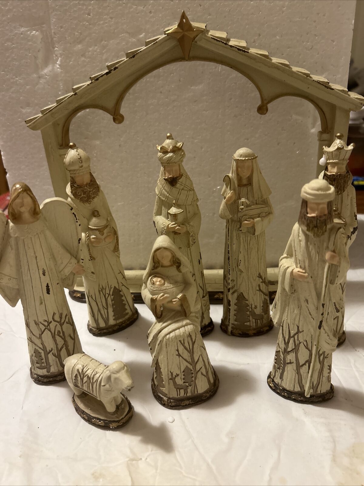 Christmas Nativity White Distressed Carved-Look Cathedral 8pc Set Cottagecore