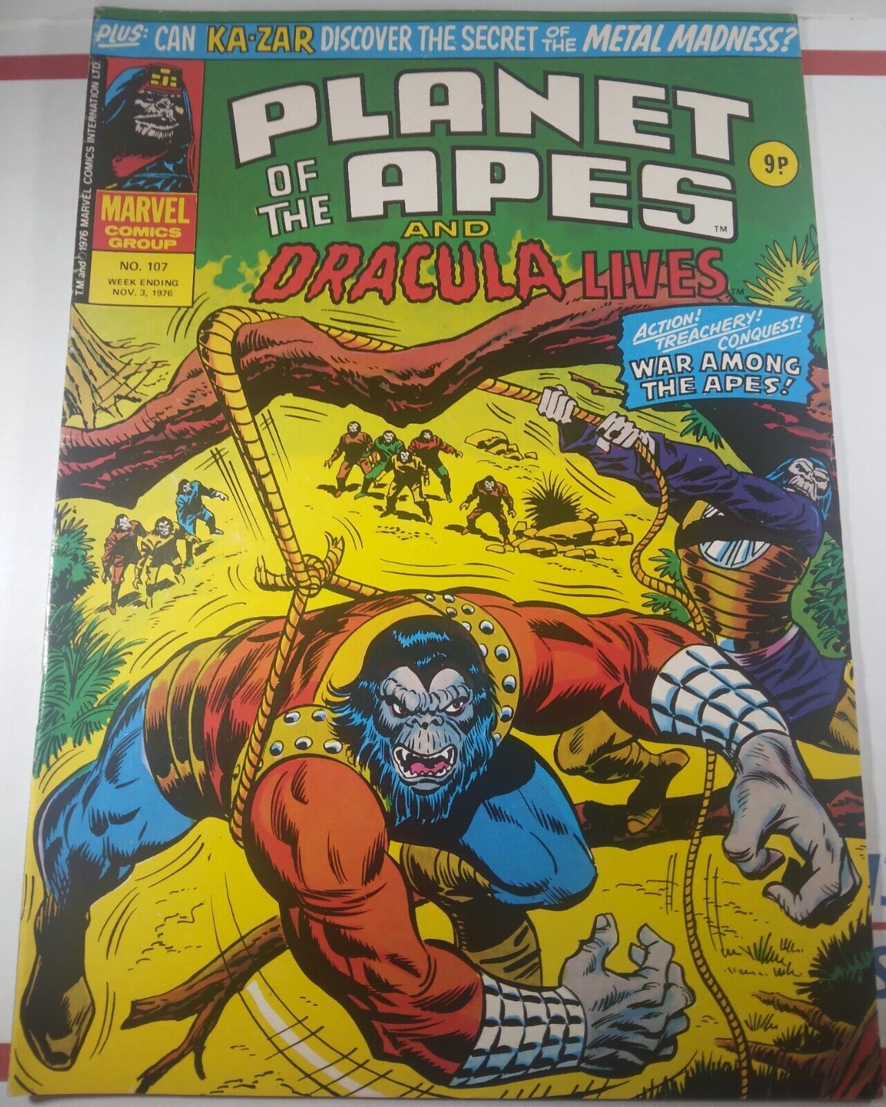 💥 PLANET OF THE APES AND DRACULA LIVES #107 MARVEL UK 1976 KA-ZAR MAN-THING FN