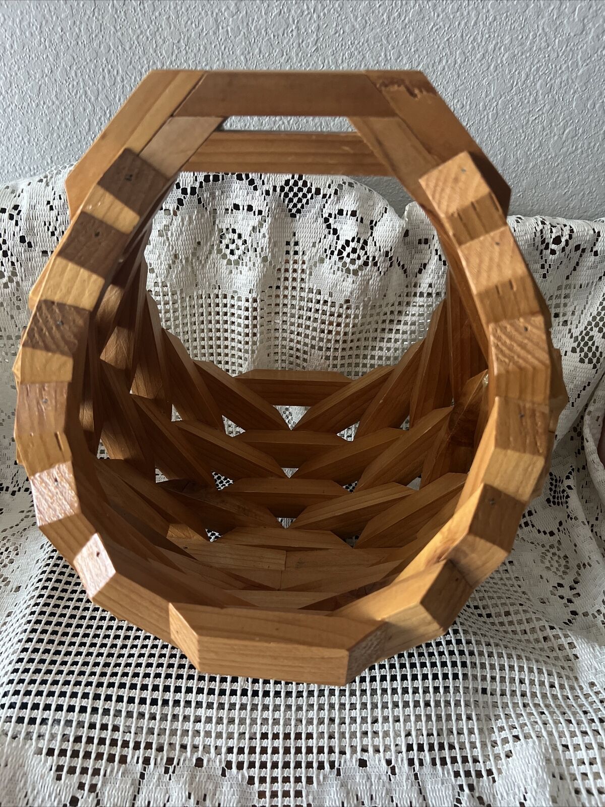 Vintage Mid Century Wood Block Planter Hanging Plant Basket Boho Chic Geometric