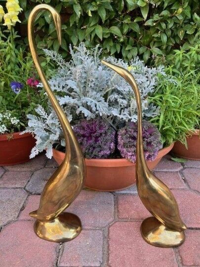 2 Vintage 1960S Solid Brass tall Cranes, Pair of Vintage Brass Birds Made Korea