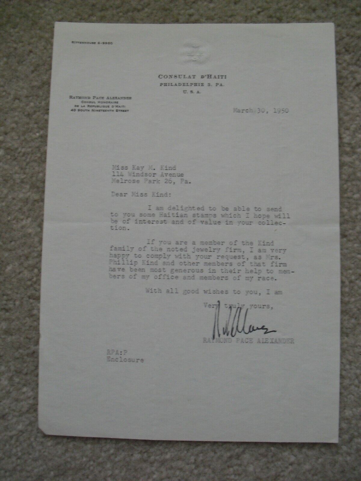 RARE Original 1950 Judge Raymond Alexander Signed Letter Early Civil Rights