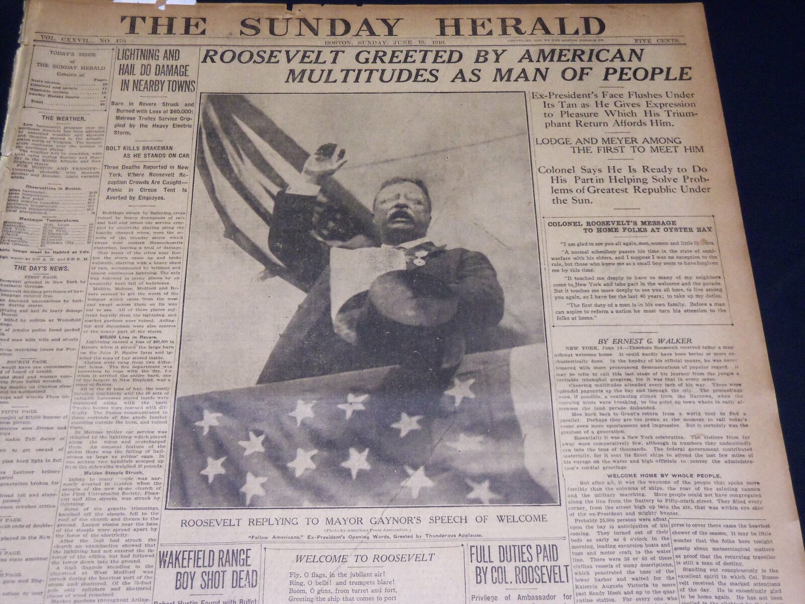 1910 JUNE 19 THE BOSTON HERALD ROOSEVELT GREETED BY AMERICAN MULTITUDES- BH 348