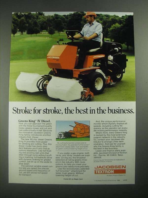 1987 Textron Jacobsen Greens King IV Diesel Mower Ad - Stroke for Stroke