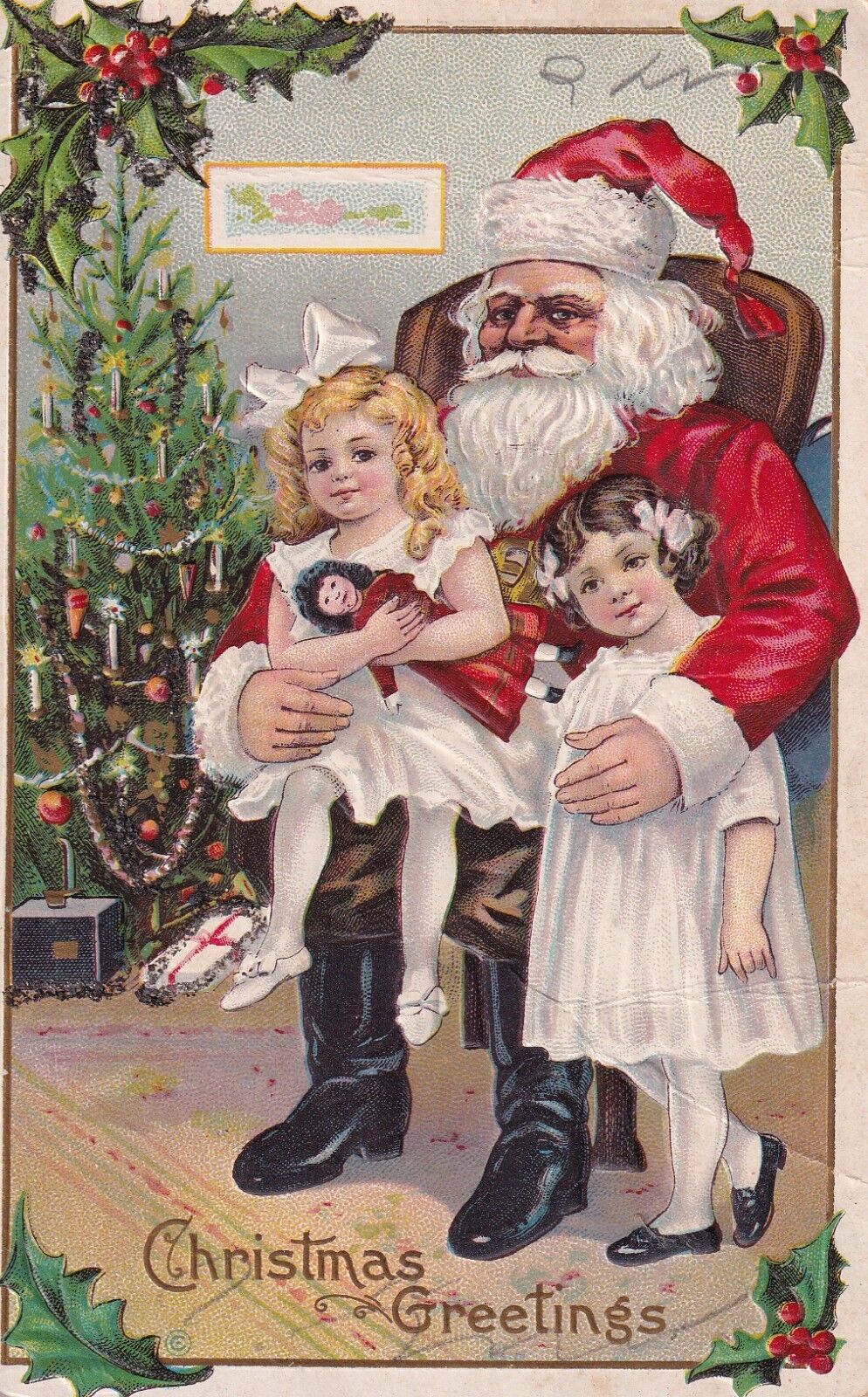 Vintage Christmas Greetings Postcard Early 1900's Young Girls Sit On Santa's Lap