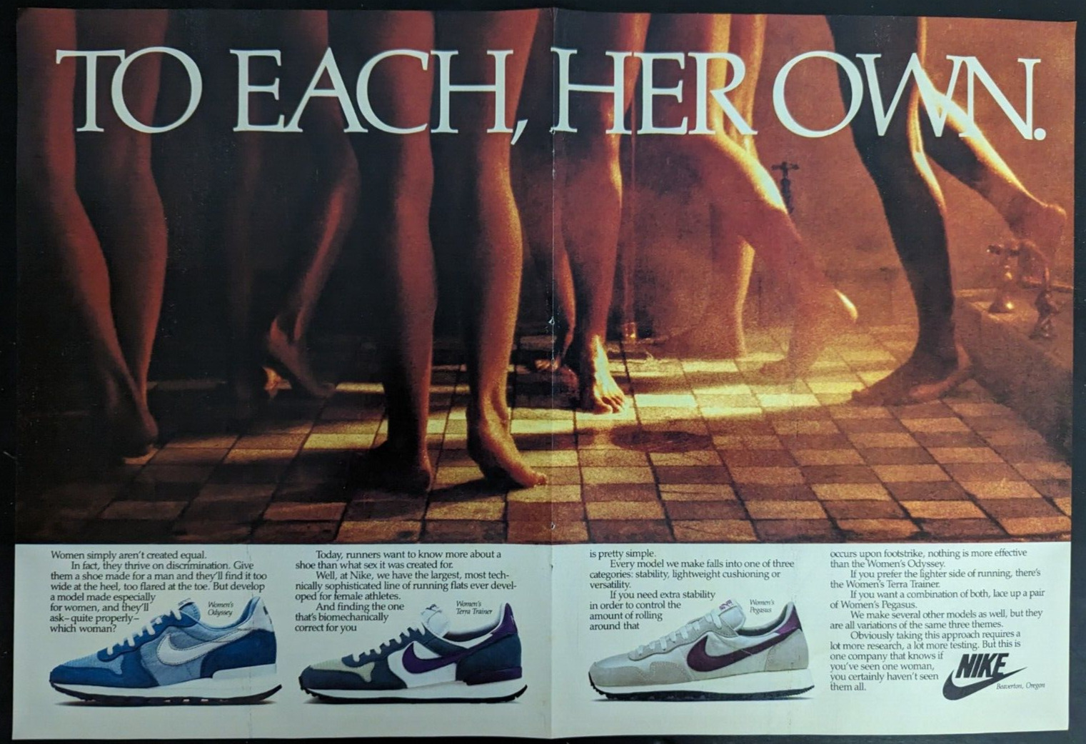 1983 Nike Women\'s Odyssey Terra Trainer Pegasus Shower Locker Vintage Print Ad