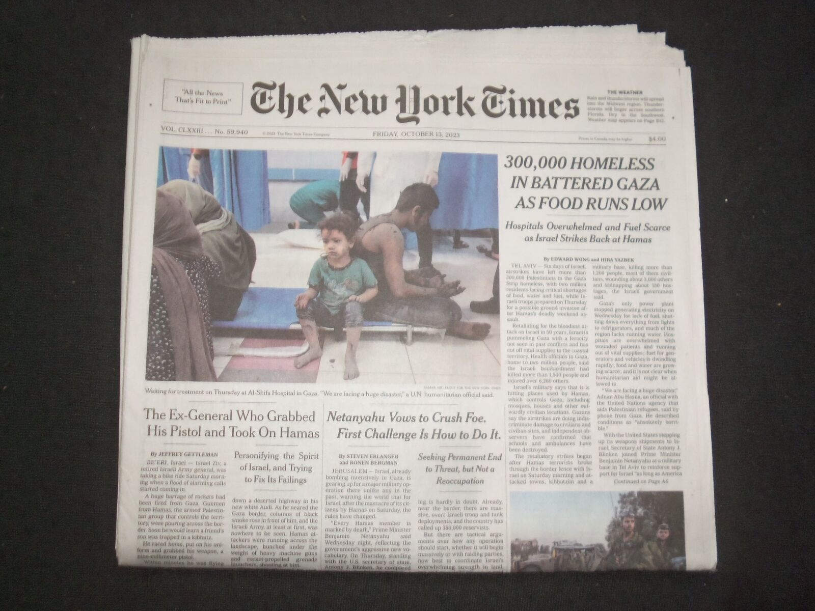 2023 OCTOBER 13 NEW YORK TIMES - 300,000 HOMELESS BATTERED GAZA AS FOOD RUNS LOW