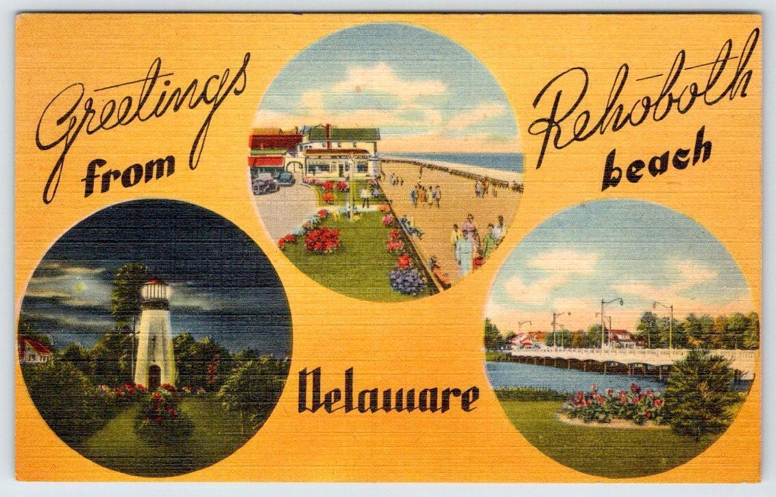 1940-50's GREETINGS FROM REHOBOTH BEACH DELAWARE 3 VIEWS VINTAGE LINEN POSTCARD