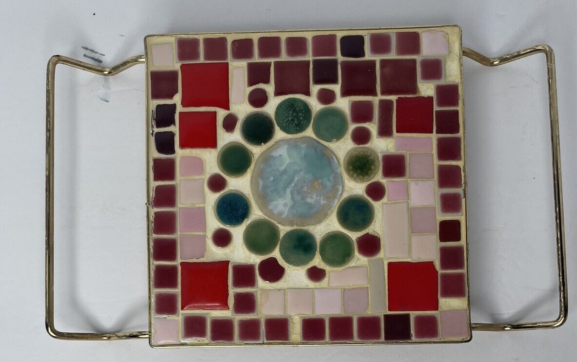 Vintage Mid Century Mosaic Tile Trivet Holder 8”x8” Retro Atomic Geometric Reds