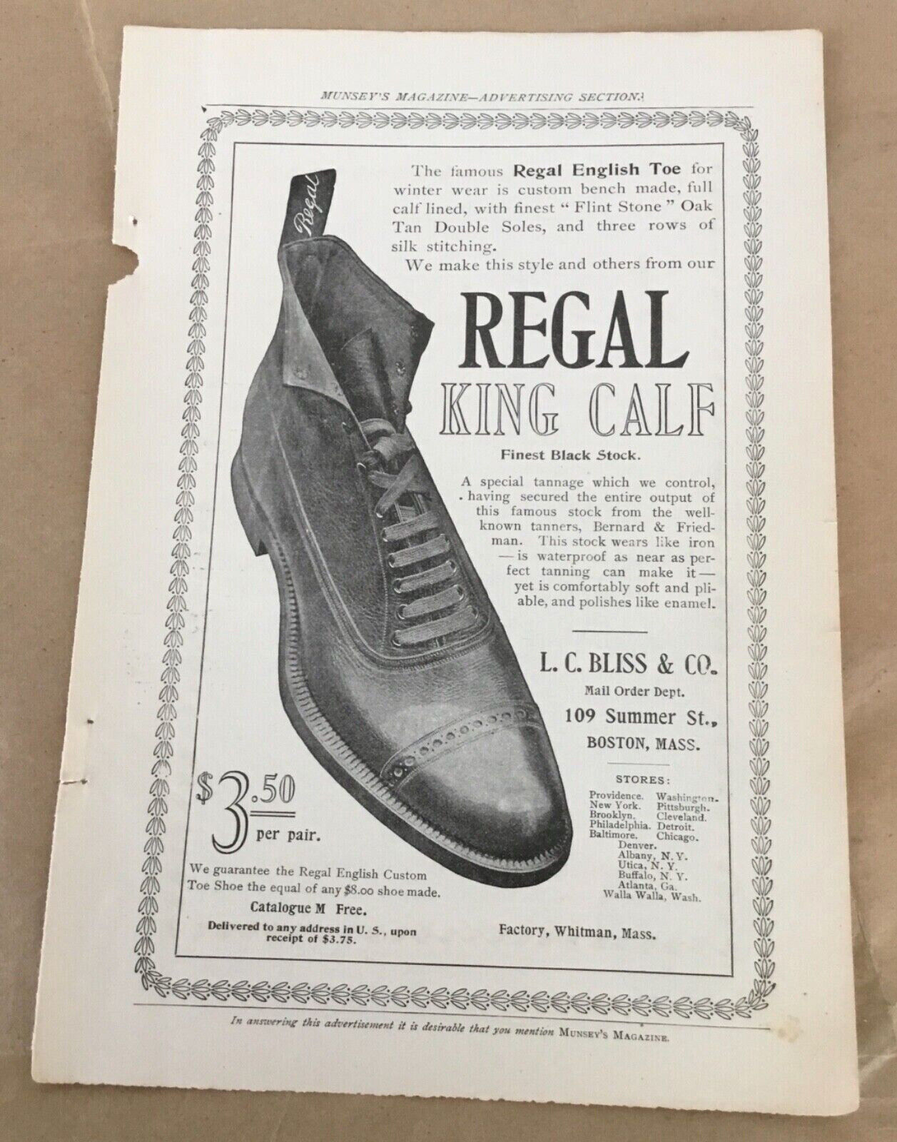 Regal shoes advertisement 1898 originl vintage 1800s men\'s fashion art King Calf
