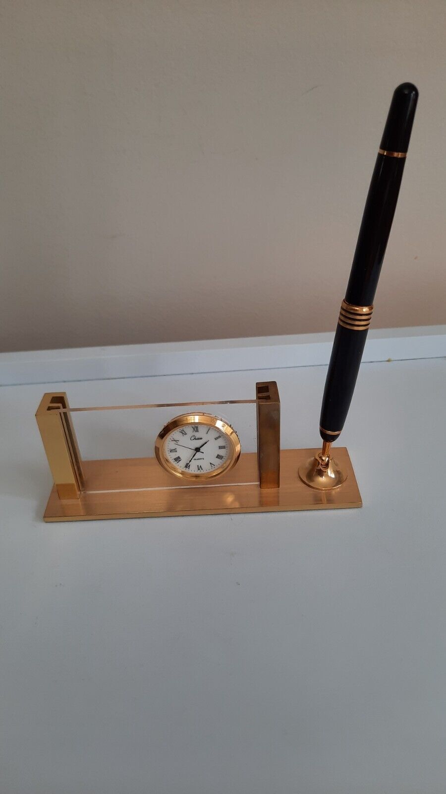 Small Gold Toned Desk Set Clock Pen and Business Card Holder Chass