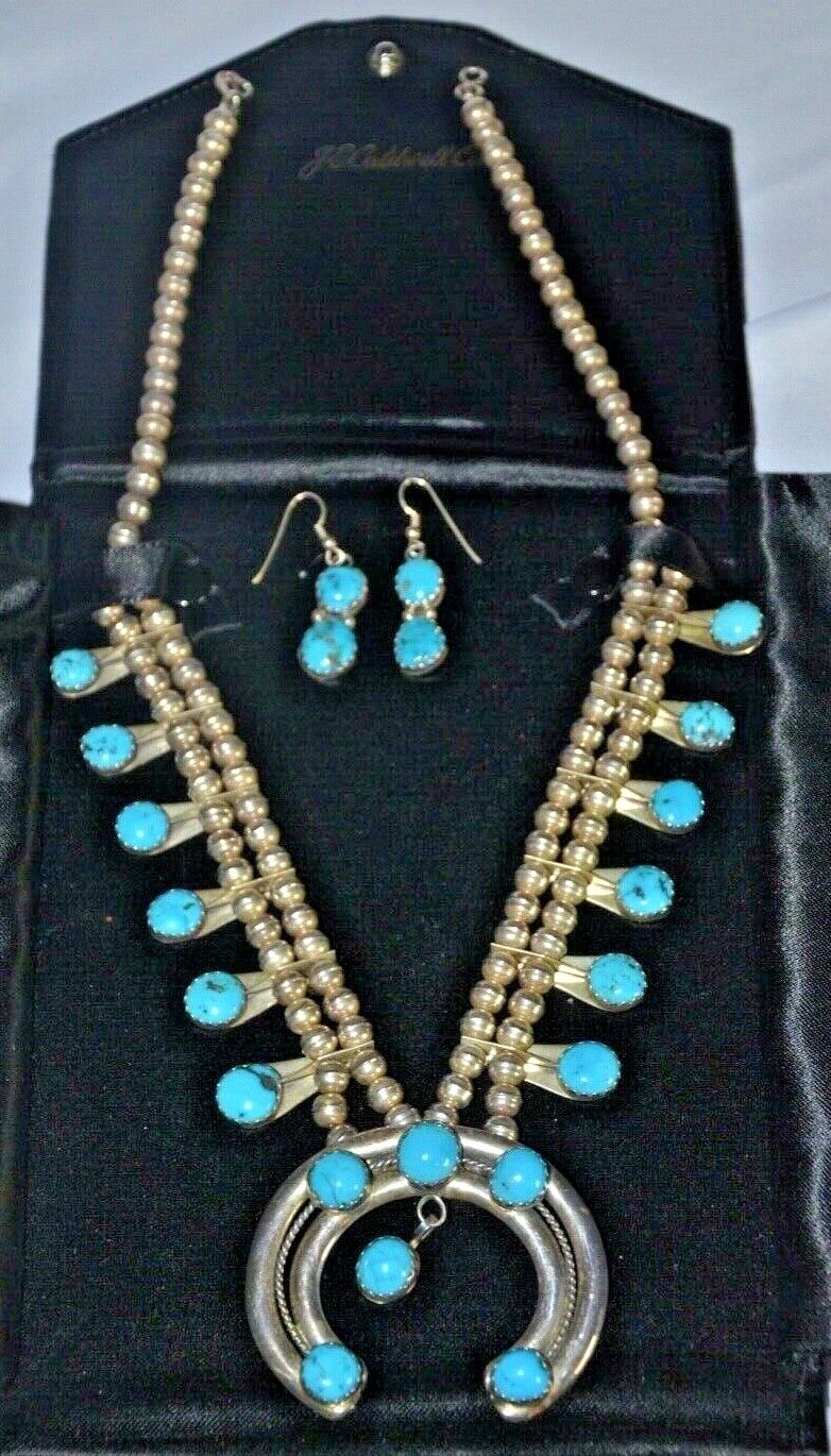VTG Navajo Turquoise Squash Blossom Necklace + Ear rings \