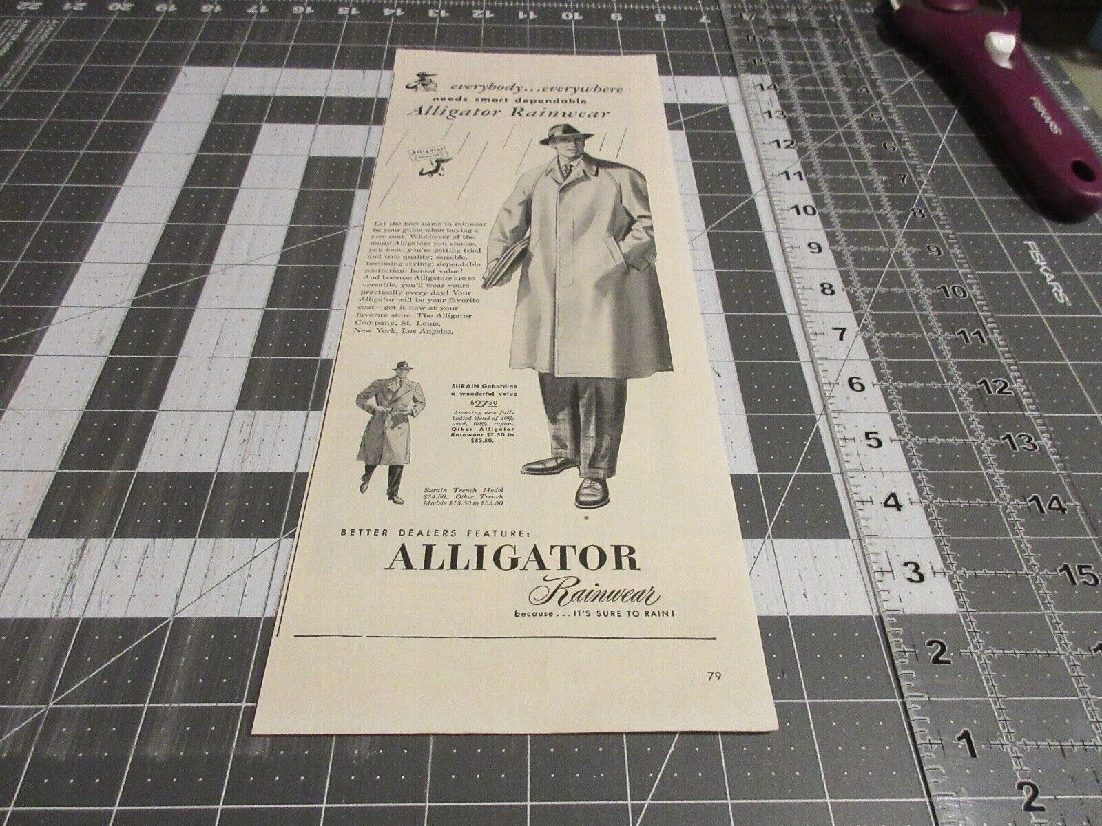 1949 PRINT AD~ALLIGATOR RAINWEAR GABARDINE & TRENCH COAT Standing In The Rain