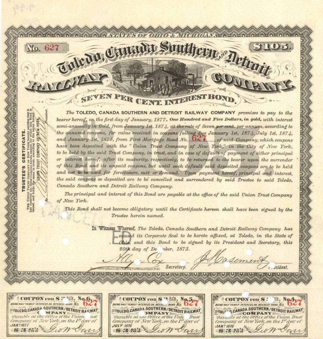 Toledo, Canada, Southern and Detroit Railway Co. - $105 Bond - Railroad Bonds