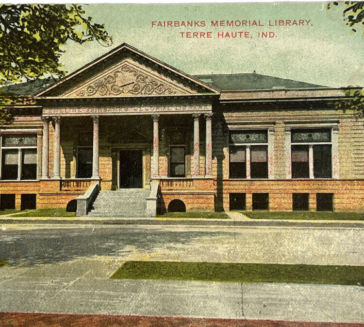 Antique Litho Postcard Souvenir Fairbanks Memorial Library Terre Haute Indiana