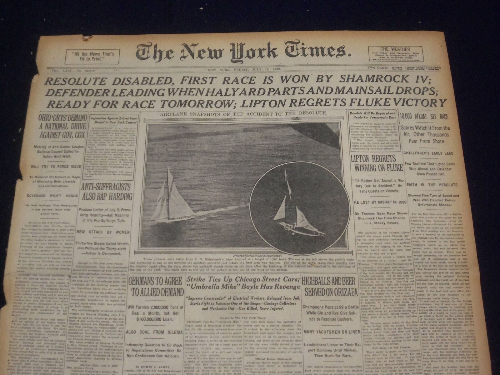 1920 JULY 16 NEW YORK TIMES - RESOLUTE DISABLED, SHAMROCK IV WINS - NT 9331