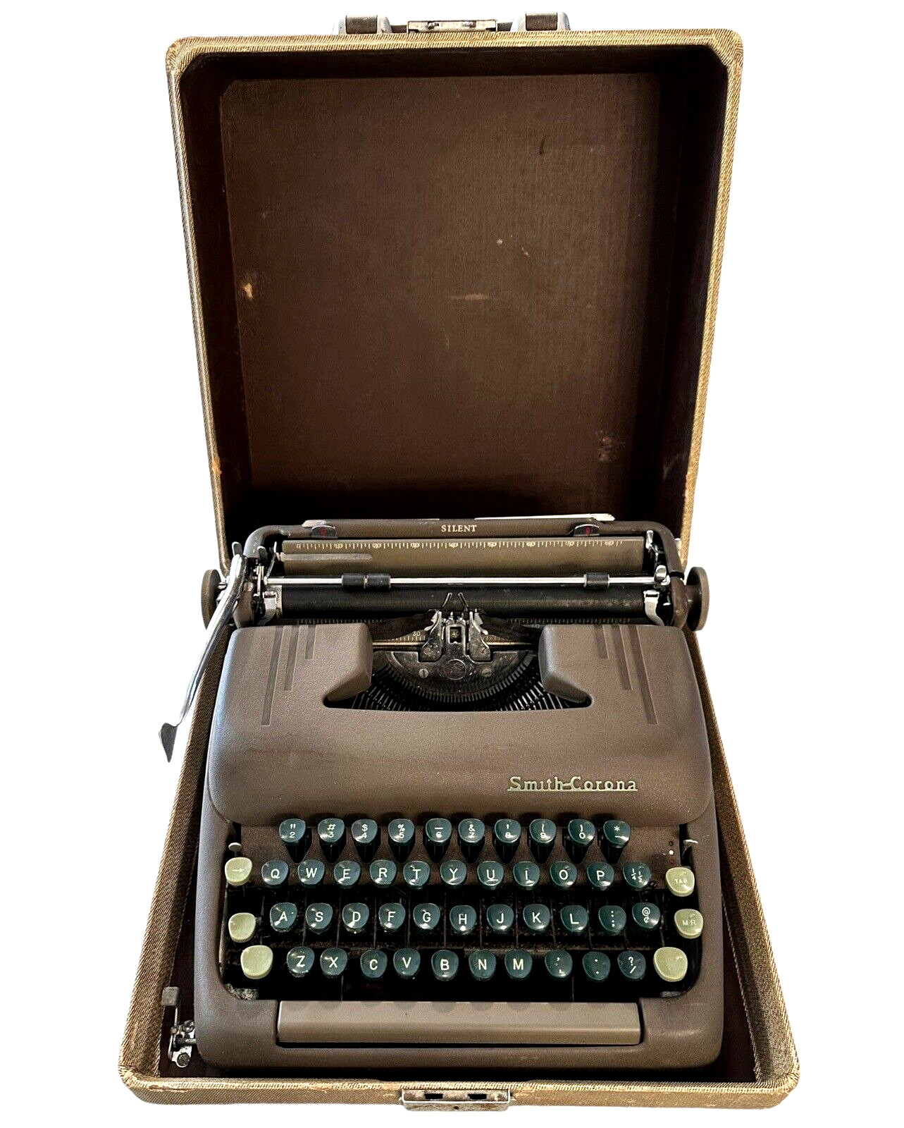 Vintage 1950s Smith Corona Silent Typewriter & Case Desert Sand With Green Keys
