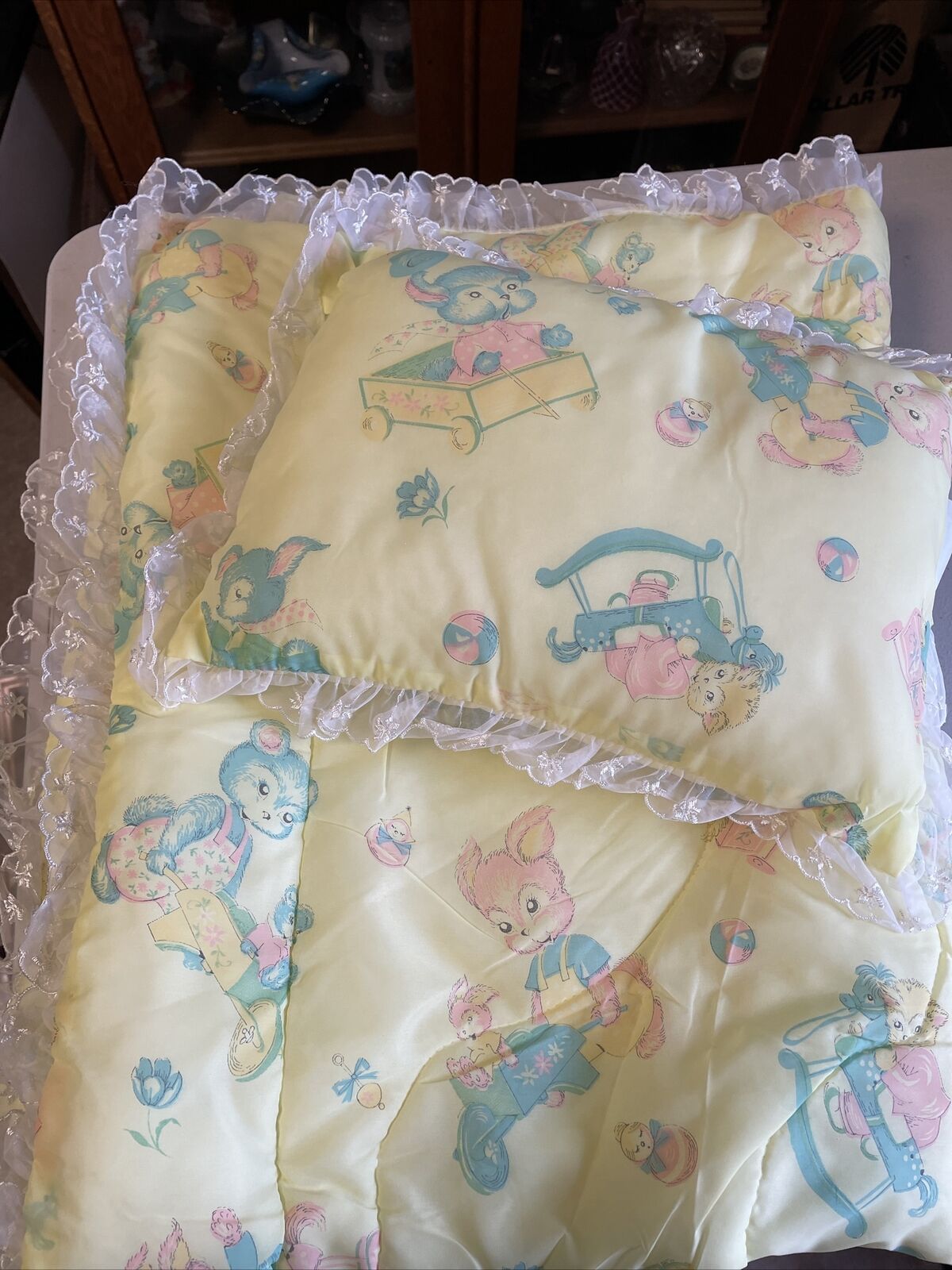 Baby Crib Blanket & Pillow 1940's Matching Set Antique VTG Rushton type print