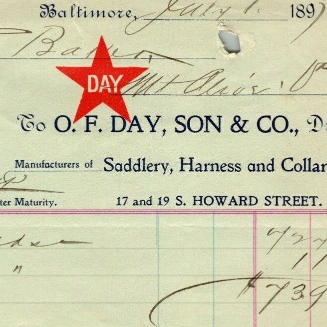 1897 Letterhead Billhead O.F. Day, Son Saddlery Baltimore - Ephraim Baker* 