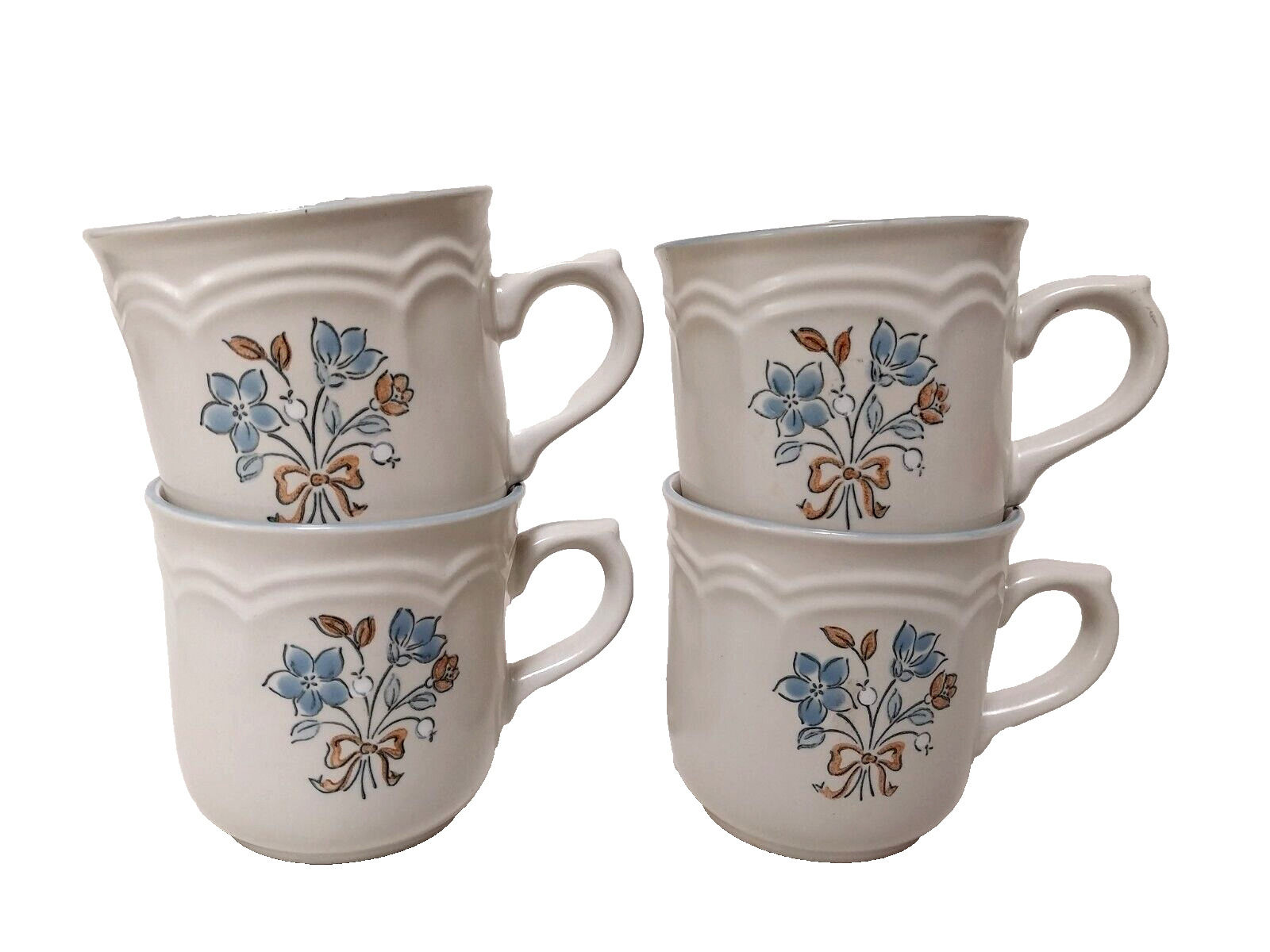 SET OF 4 VINTAGE 80s CORDELLA COLLECTION STONEWARE COFFEE CUPS BLUE FLORAL JAPAN