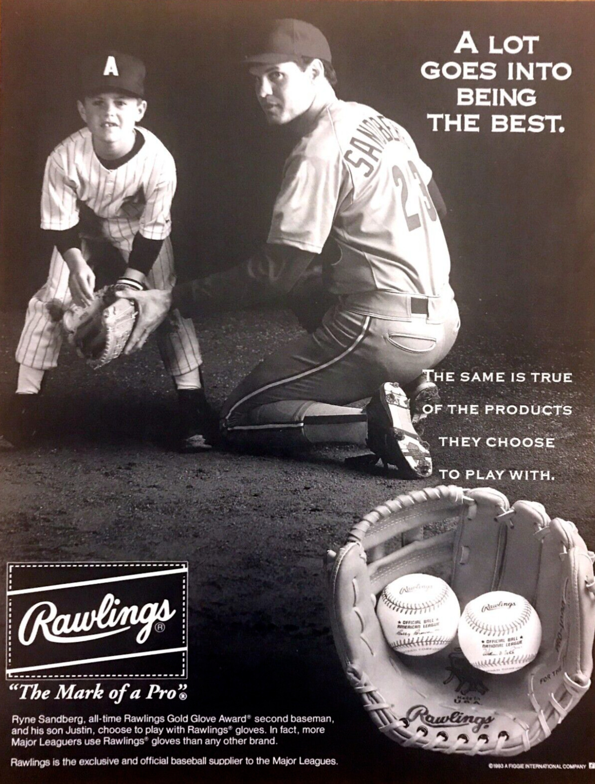 1993 Baseball Star Ryne Sandberg & Son Justin photo Rawlings BB Gloves print ad