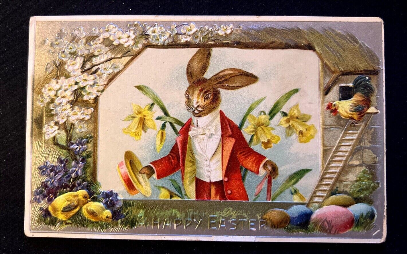 Humanized~Athropomorphic~Bunny Rabbit w.Top Hat~Flowers~1910 Easter Postcard~z68