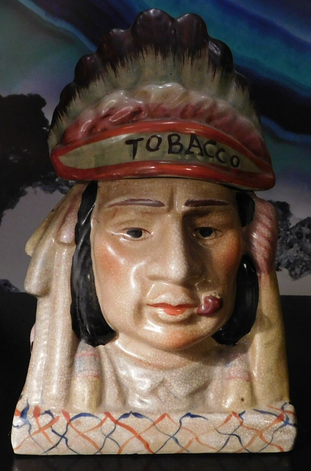 ANTIQUE Unusual Indian Chief Hand Painted Ceramic Tobacco Jar