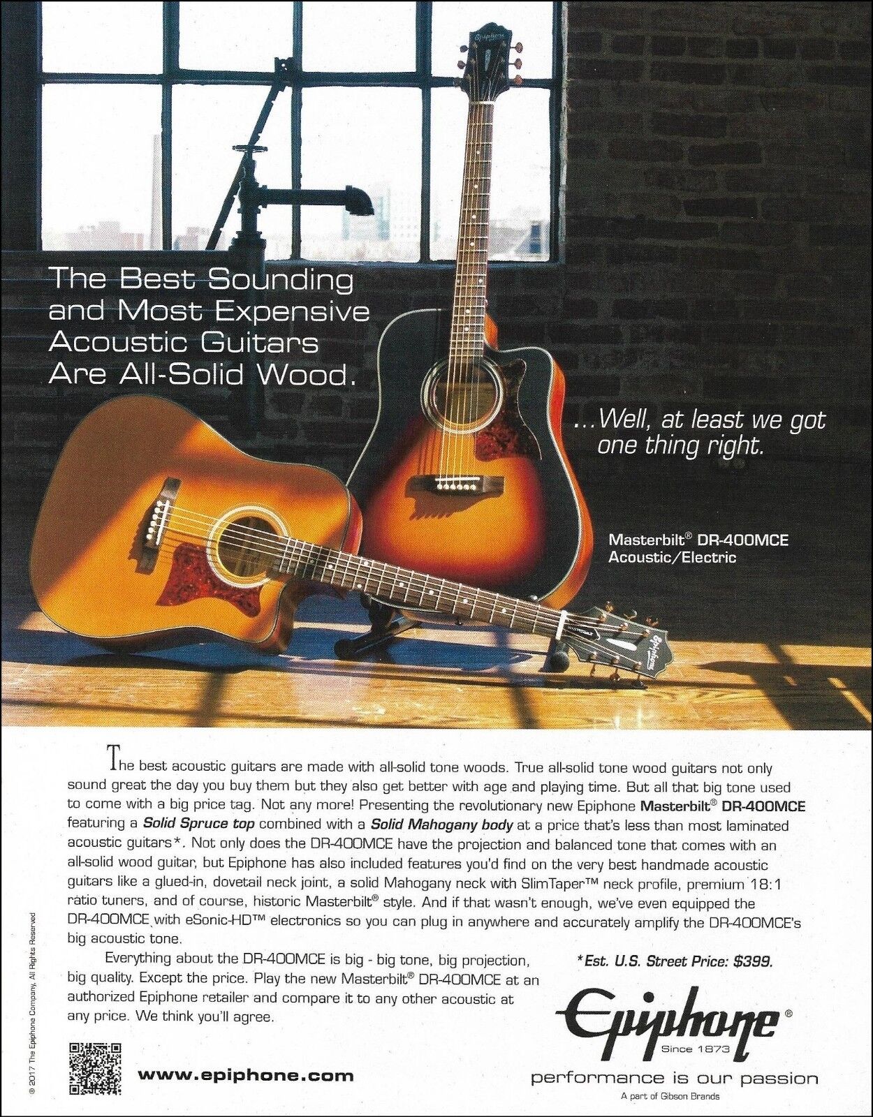 Epiphone Masterbilt DR-400MCE acoustic/electric guitar advertisement ad print
