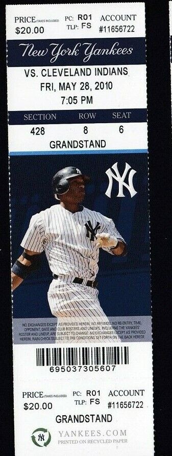 New York Yankees vs Indians May 28, 2010 Player Image Unused Ticket Stub Cano