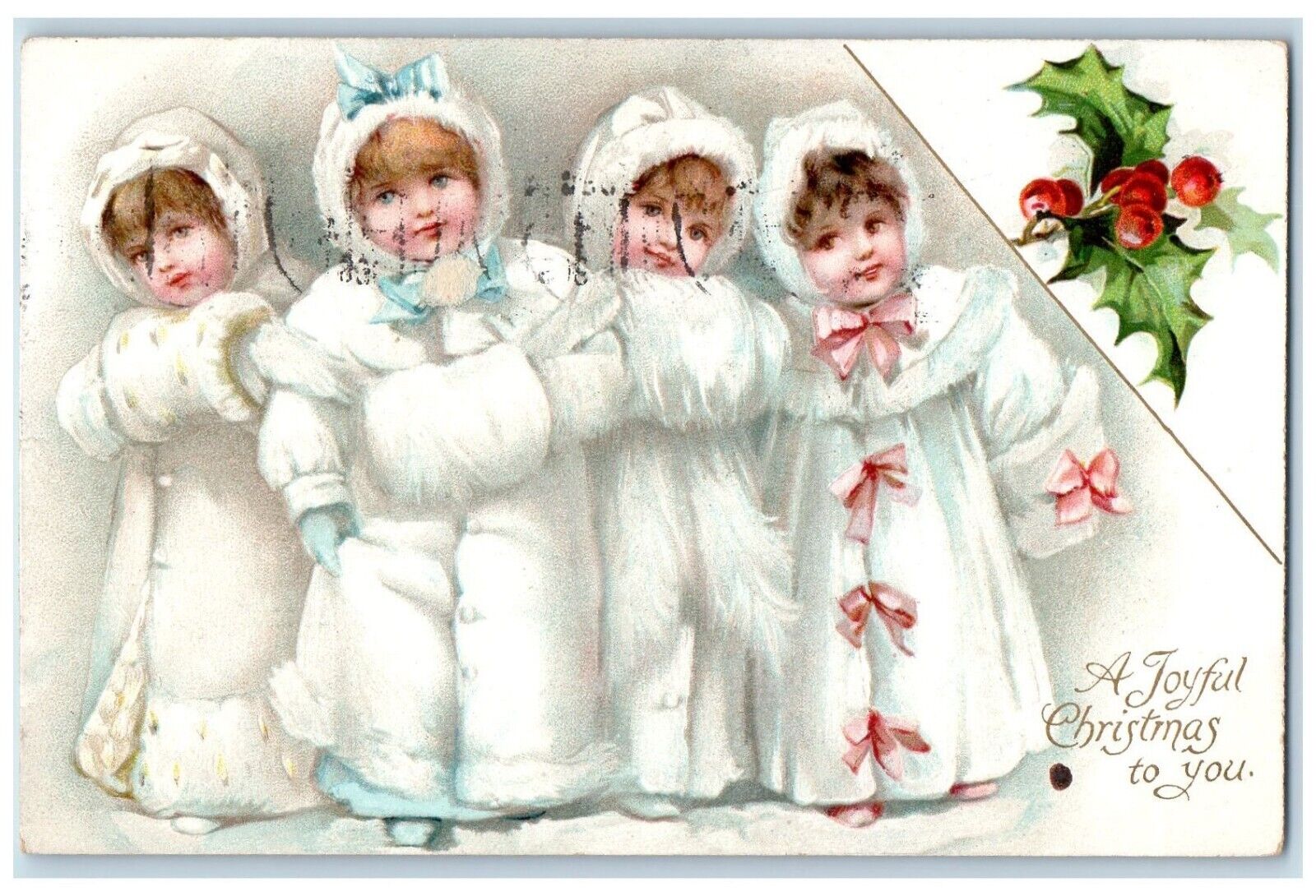 1908 Christmas Babies Handwarmer Holly Berries Clyde New York NY Postcard