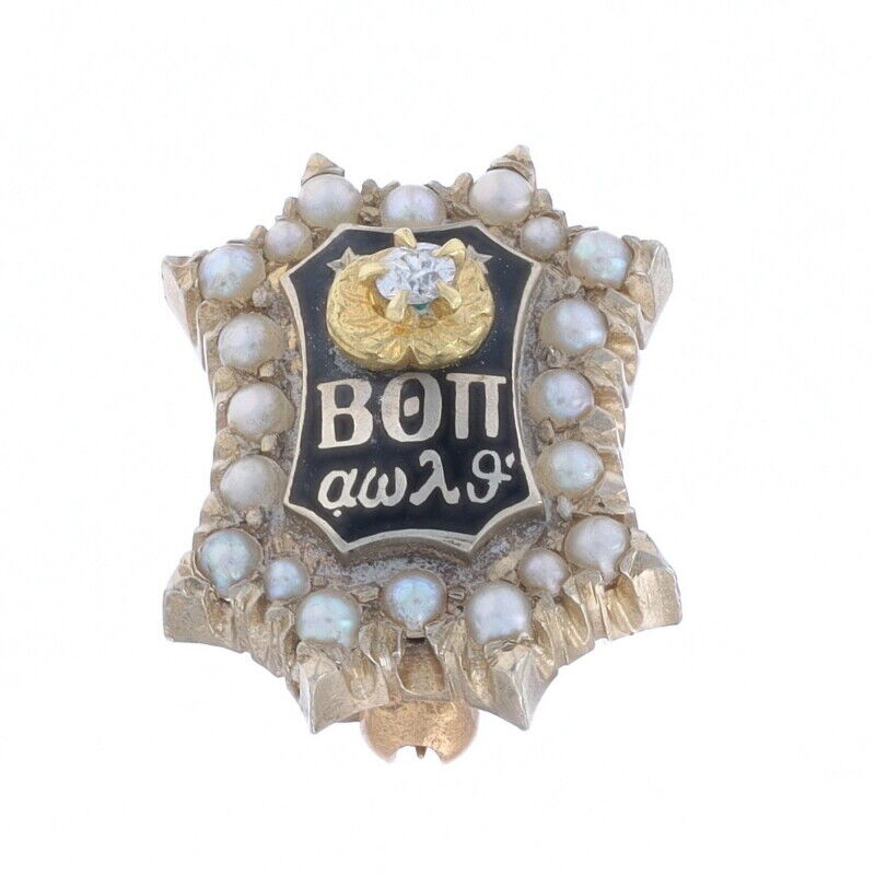 White Gold Beta Theta Pi Badge - 14k Diamond & Seed Pearl Greek Fraternity Pin