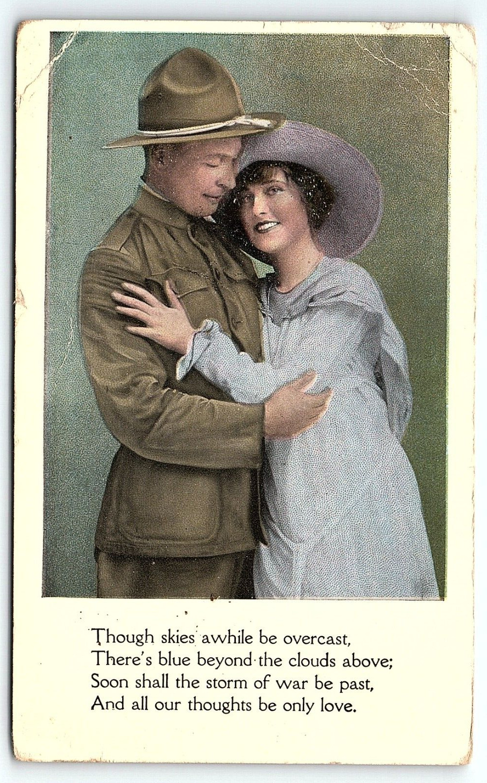 c1915 WWI ERA ROMANTIC LOVE SOLDIER WITH GIRLFRIEND UNPOSTED POSTCARD P3689
