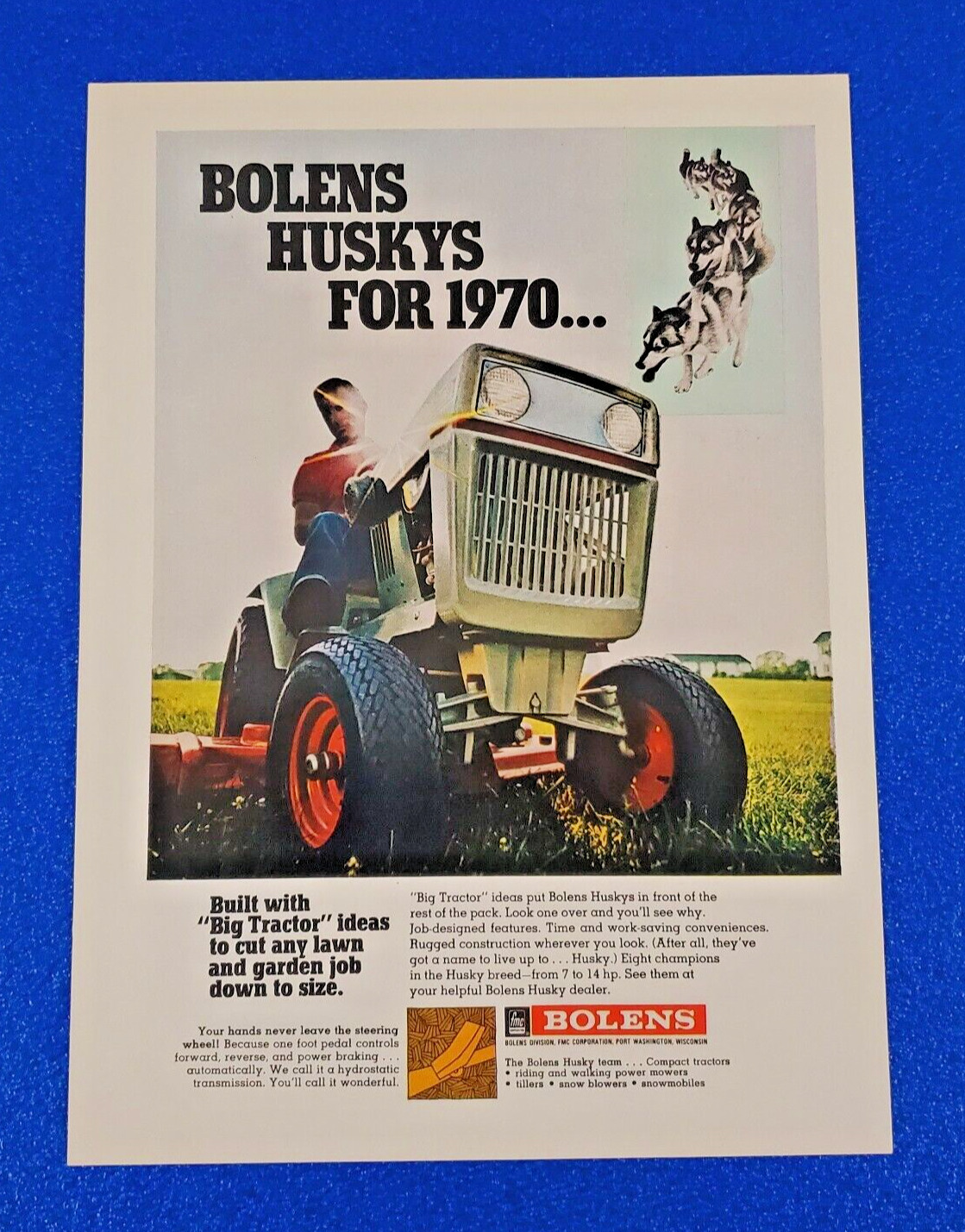 1970 BOLENS HUSKYS LAWN TRACTOR ORIGINAL COLOR PRINT AD  - LOT S24