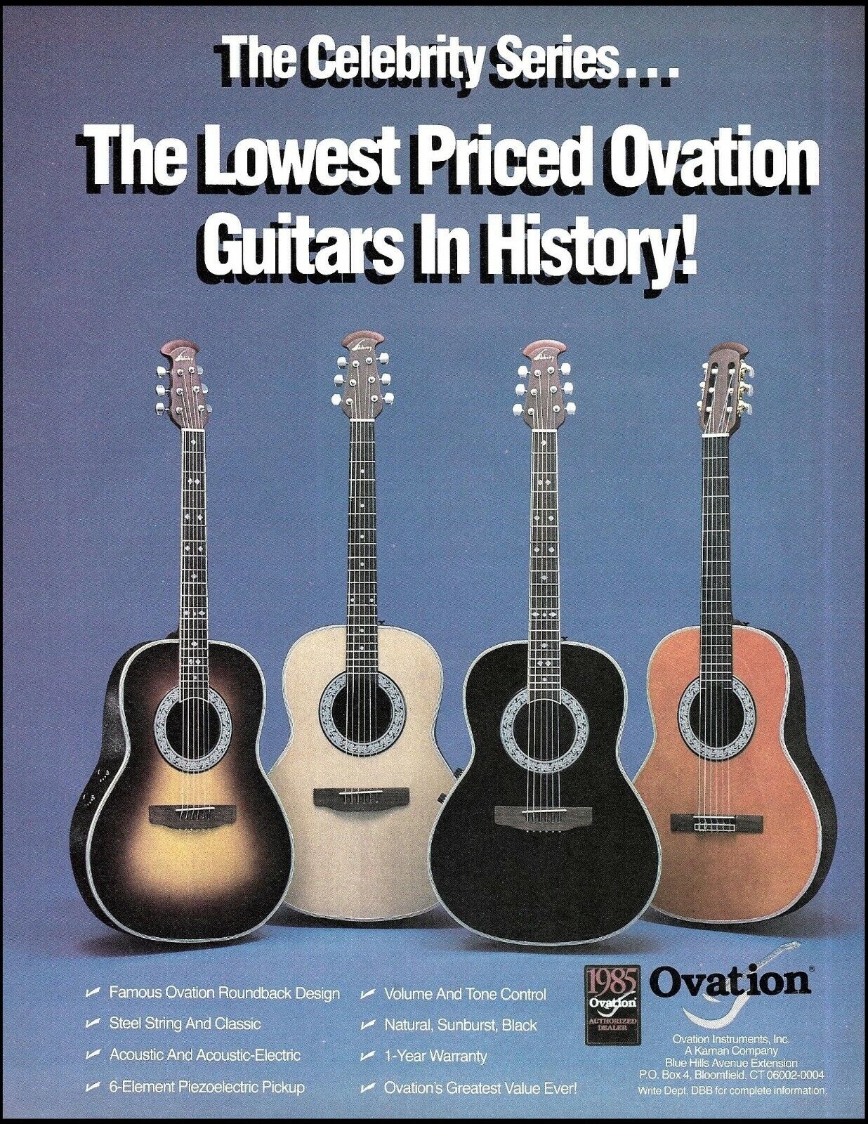 1985 Ovation Celebrity Series acoustic guitar advertisement 8 x 11 ad print