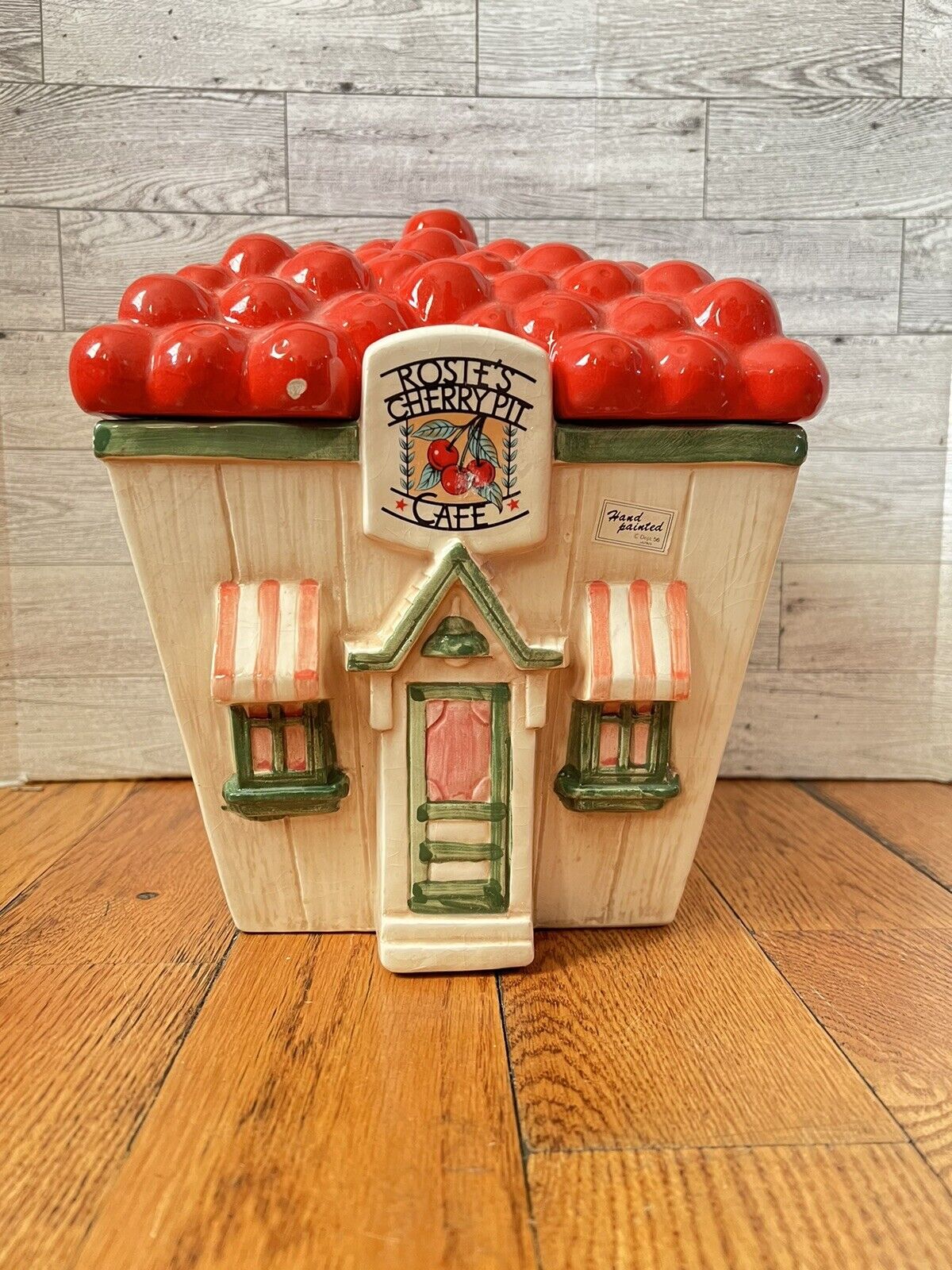 Vintage DEPARTMENT 56 Ceramic Cookie Storage Jar ‘Rosie’s Cherry Pit Cafe’ RARE