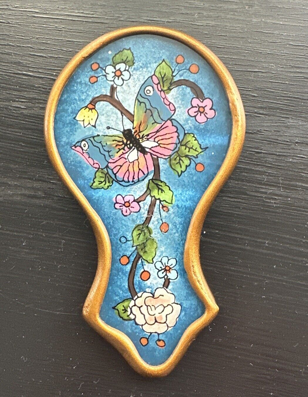 Peruvian Mini Glass Hand Mirror reverse painted Butterfly Blue Gold Pink 4”
