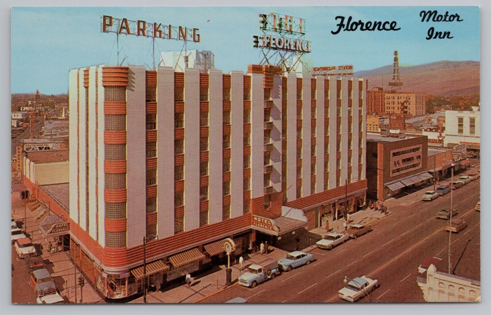 Postcard The Florence Hotel Motor Inn Missoula Montana J C Penny Street Clock