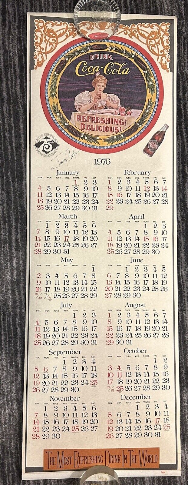 Jimmy Carter Signed 1976 Coca Cola Coke Calendar Lithograph RARE Full Signature