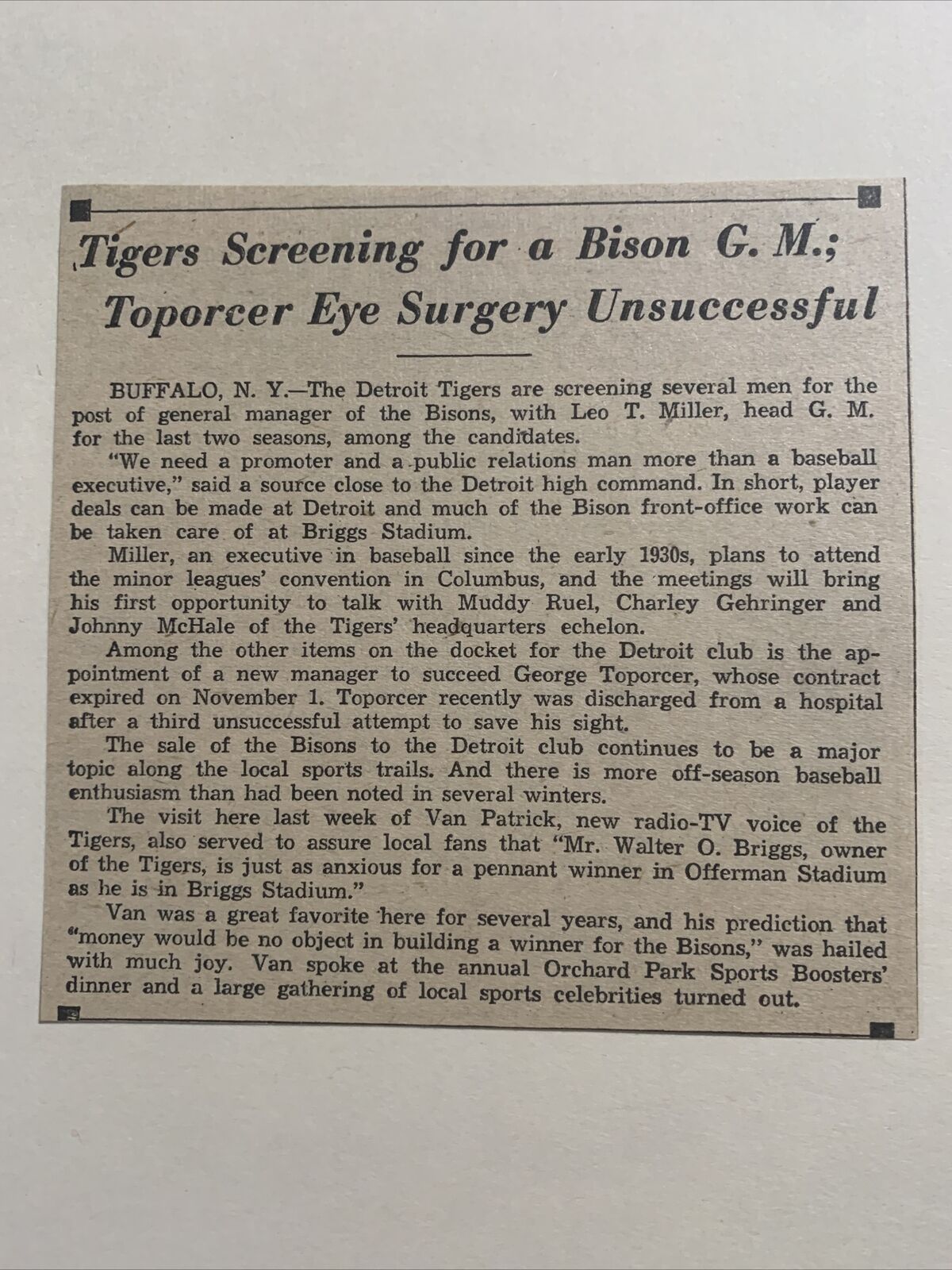 George Toporcer Buffalo Bisons Eye Surgery 1951 Sporting News Baseball 4X4 Panel