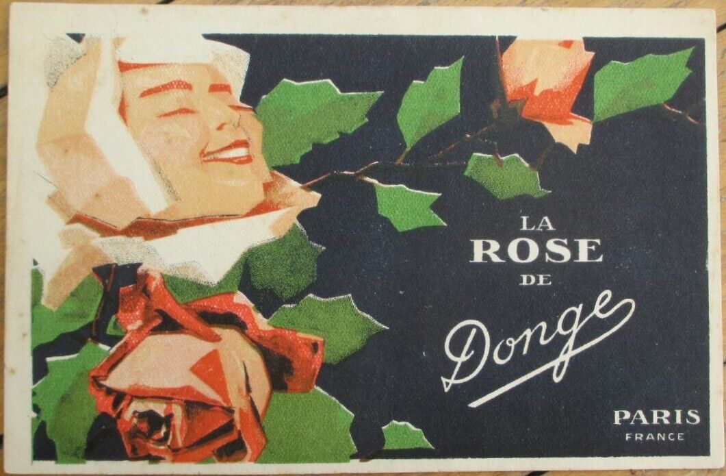 Perfume French 1920s Art Deco Advertising Postcard, La Rose Woman, Donge